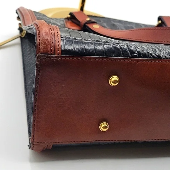 BRAHMIN Black Croc Embossed Crox Leather Shopper's Tote Cognac Leather Strap - Picture 14 of 15